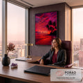 Céu vermelho em chamas sobre praia tropical com coqueiros em silhueta e mar refletido, quadro decorativo