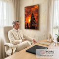 Quadro Decorativo Grande Nossa Senhora Céu para Sala Laranja | quadros decorativos | estátua de Nossa Senhora com manto azul dourado contra céu alaranjado de pôr do sol | em ambiente 2 | Porao dos Quadros