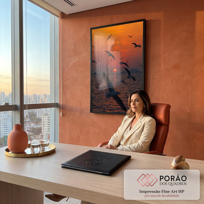 Gaivotas voando sobre o mar com sol vermelho no horizonte e céu laranja, quadro decorativo
