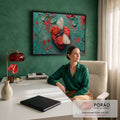 Quadro Decorativo Grande Borboleta Branca para Sala Verde | quadros decorativos | borboleta branca pousada sobre coração vermelho texturizado em fundo verde craquelado | em ambiente 2 | Porao dos Quadros