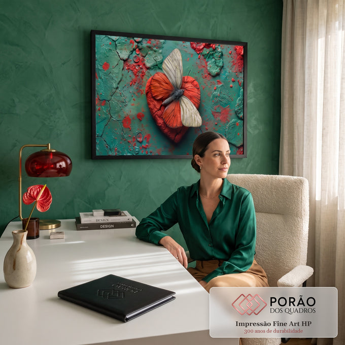 Quadro Decorativo Grande Borboleta Branca para Sala Verde | quadros decorativos | borboleta branca pousada sobre coração vermelho texturizado em fundo verde craquelado | em ambiente 2 | Porao dos Quadros