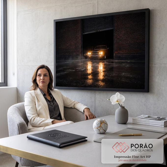 Muscle car antigo com faróis acesos saindo de galpão de tijolos à noite, reflexo no chão molhado, quadro decorativo
