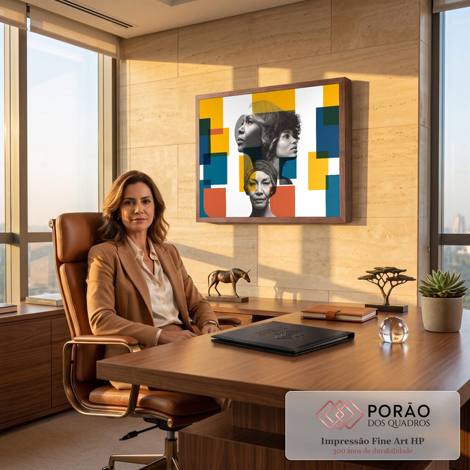 Quadro Decorativo Grande Retratos Femininos para Sala | quadros decorativos | três retratos femininos em preto e branco com blocos geométricos coloridos sobrepostos | em ambiente 2 | Porao dos Quadros