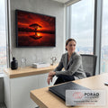 Quadro Decorativo Grande Árvore Africana para Sala Vermelho | quadros decorativos | acácia em silhueta sob pôr do sol vermelho refletida em água calma | em ambiente 2 | Porao dos Quadros