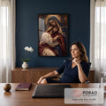 Quadro Decorativo Grande Pietà Nossa Senhora para Sala Azul | quadros decorativos | Nossa Senhora abraçando Jesus com coroa de espinhos, véu azul dourado | em ambiente 2 | Porao dos Quadros