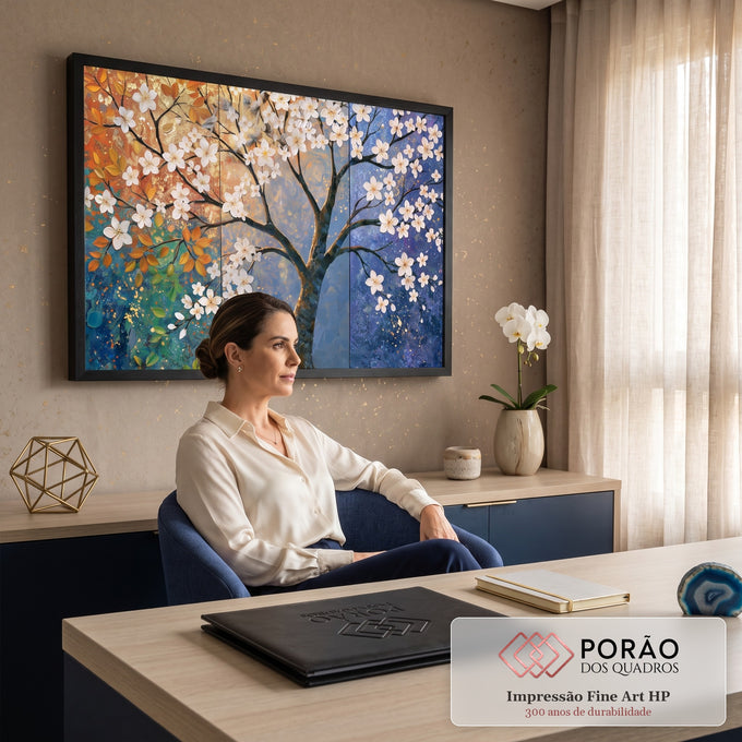 Quadro Decorativo Grande Árvore Florida para Sala Azul | quadros decorativos | árvore florida branca sobre fundo que mistura tons dourados e azul estrelado | em ambiente 2 | Porao dos Quadros