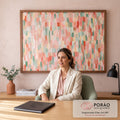 Quadro Decorativo Grande Abstrato em Pinceladas para Sala | quadros decorativos | pinceladas abstratas em rosa, coral e verde-sálvia com textura densa | em ambiente 2 | Porao dos Quadros