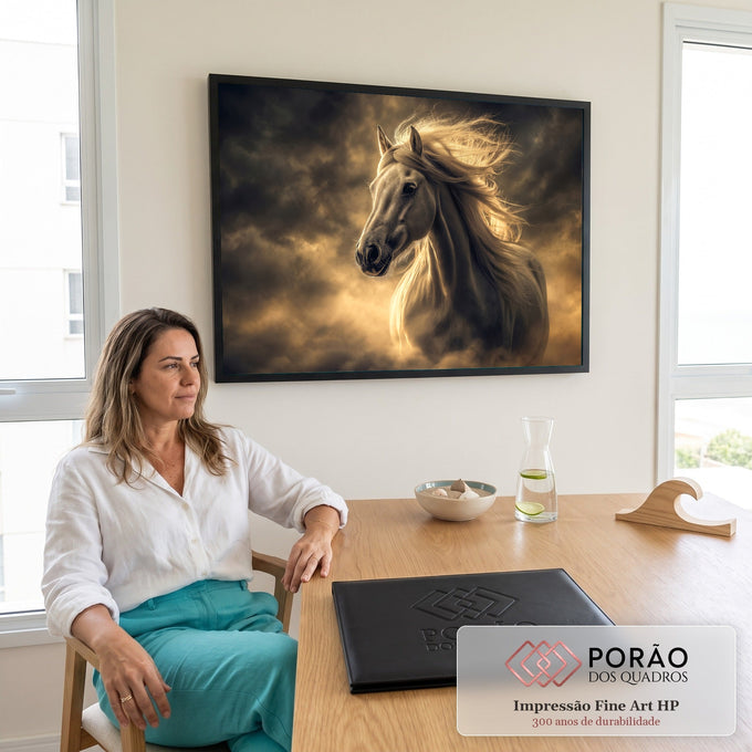 Cavalo branco de crina esvoaçante entre nuvens escuras e luz dourada, quadro decorativo