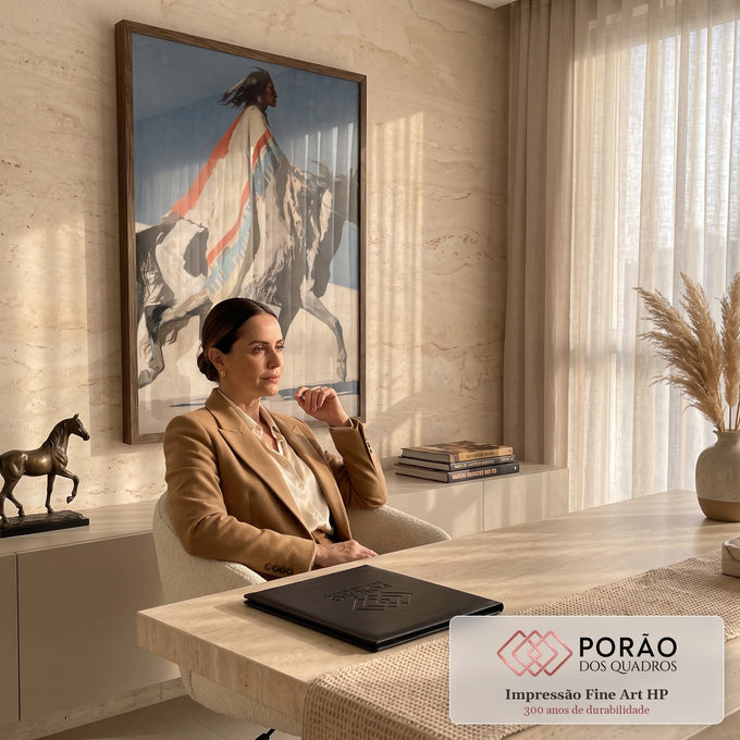 Quadro Decorativo Cavaleiro Indígena com Manto Listrado | quadros decorativos | cavaleiro indígena com manto listrado montado em cavalo pintado preto e branco | em Quadros para Escritorio | Porao dos Quadros