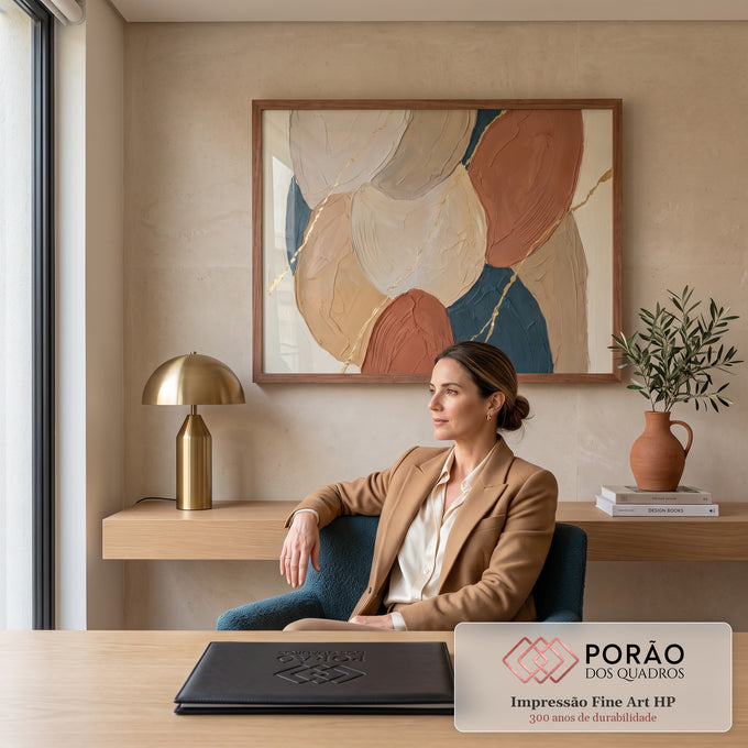 Abstrato texturizado bege, terracota e azul petróleo com linhas em folha de ouro, quadro decorativo