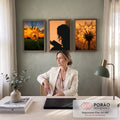 Quadro Decorativo Kit 3 Telas Dente Mulher Lendo para Sala | quadros decorativos | três painéis com dente-de-leão ao pôr do sol e silhueta de mulher lendo um livro | em ambiente 2 | Porao dos Quadros