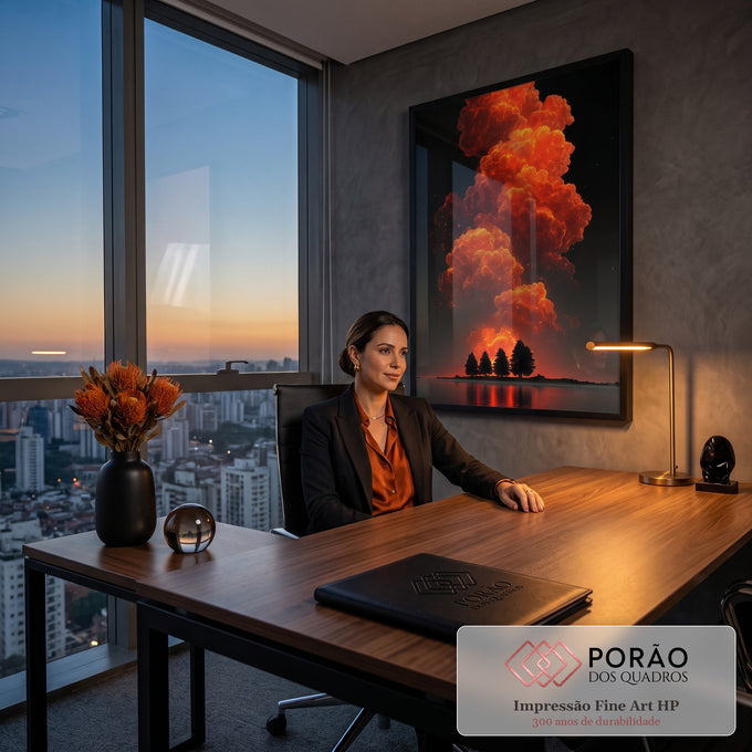 Nuvem de fogo laranja sobre ilha com pinheiros em silhueta, refletida em lago noturno, quadro decorativo