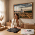 Quadro Decorativo Tipi Branca no Campo ao Entardecer | quadros decorativos | tenda tipi branca em colina com grama dourada ao entardecer | em Quadros para Escritorio | Porao dos Quadros