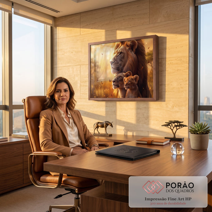 Quadro Decorativo Grande Família Leões Dourada para Sala | quadros decorativos | leão, leoa e filhote em perfil com borboletas e luz dourada ao fundo | em ambiente 2 | Porao dos Quadros