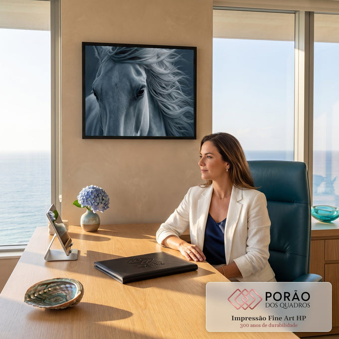 Quadro Decorativo Grande Cavalo Branco Vento para Sala Azul | quadros decorativos | cavalo branco em close-up com crina longa esvoaçando em tons de azul-acinzentado | em ambiente 2 | Porao dos Quadros