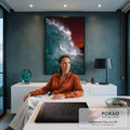 Onda do mar azul turquesa quebrando em tubo com espuma branca sob céu vermelho, quadro decorativo