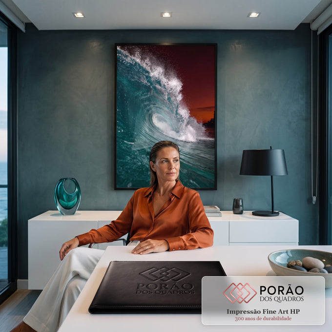 Onda do mar azul turquesa quebrando em tubo com espuma branca sob céu vermelho, quadro decorativo