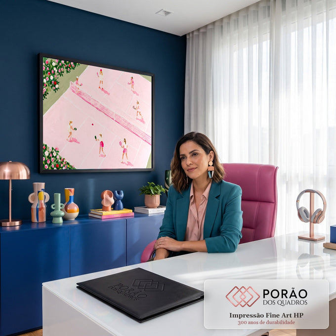 Quadro Decorativo Grande Quadra de Tênis para Sala Rosa | quadros decorativos | quadra de tênis rosa vista de cima com oito jogadoras e roseiras nos cantos | em ambiente 2 | Porao dos Quadros
