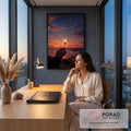 Quadro Decorativo Grande Mão com Dente de Leão para Sala | quadros decorativos | dente-de-leão com lua cheia ao fundo sobre pôr do sol e cidade litorânea | em ambiente 2 | Porao dos Quadros