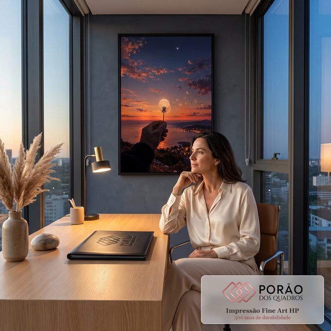 Quadro Decorativo Grande Mão com Dente de Leão para Sala | quadros decorativos | dente-de-leão com lua cheia ao fundo sobre pôr do sol e cidade litorânea | em ambiente 2 | Porao dos Quadros