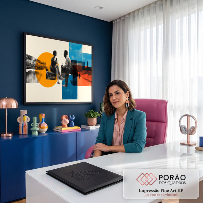 Casal sentado conversando em colagem retrô com círculo laranja, blocos azuis e paisagens, quadro decorativo