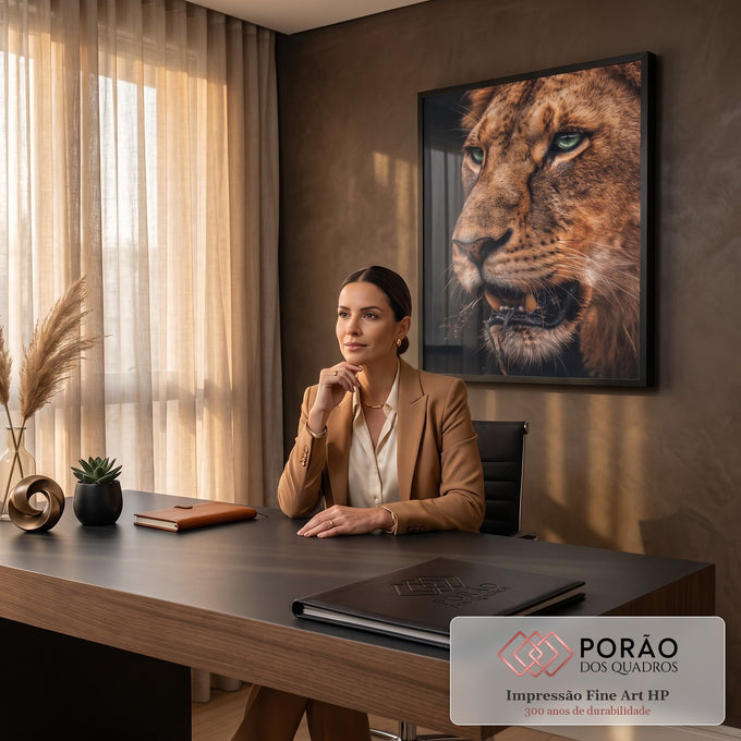 Close de leoa com olhos verdes e capim na boca em fundo preto, pelagem marrom dourada, quadro decorativo