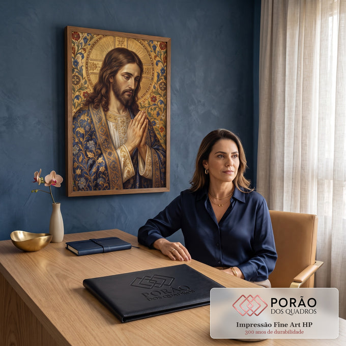 Quadro Decorativo Grande Jesus Cristo Dourado para Sala | quadros decorativos | Jesus Cristo em oração com manto azul e halo dourado sobre fundo floral ornamentado | em ambiente 2 | Porao dos Quadros