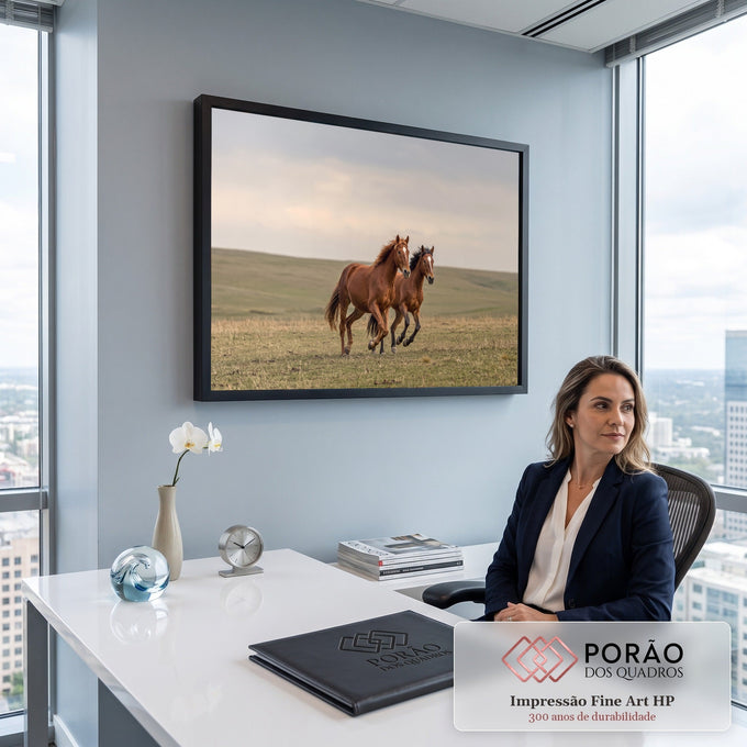 Dois cavalos alazões galopando lado a lado em pradaria verde sob céu nublado claro, quadro decorativo