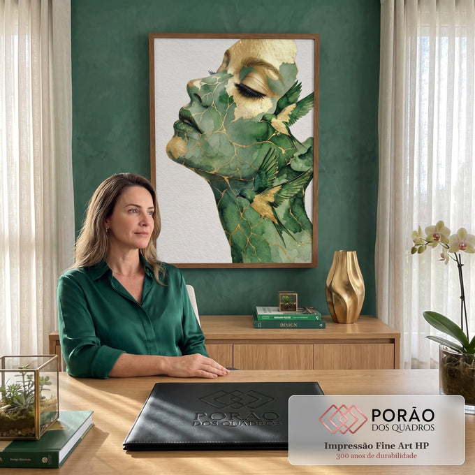 Quadro Decorativo Grande Rosto Feminino para Sala Verde | quadros decorativos | rosto feminino em perfil com textura de mármore verde e veios dourados, pássaros ao redor do pescoço | em ambiente 2 | Porao dos Quadros