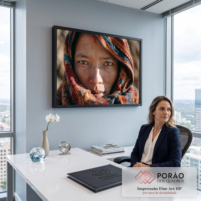 Quadro Decorativo Grande Retrato Véu Colorido para Sala | quadros decorativos | retrato em close de mulher com véu colorido e olhar intenso | em ambiente 2 | Porao dos Quadros