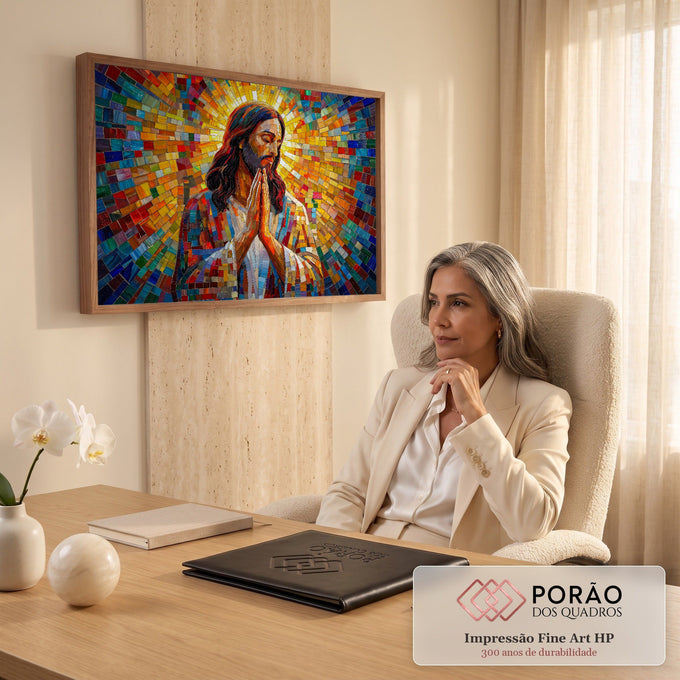 Quadro Decorativo Grande Jesus Mosaico para Sala | quadros decorativos | Jesus em oração com halo dourado sobre fundo em mosaico colorido estilo vitral | em ambiente 2 | Porao dos Quadros