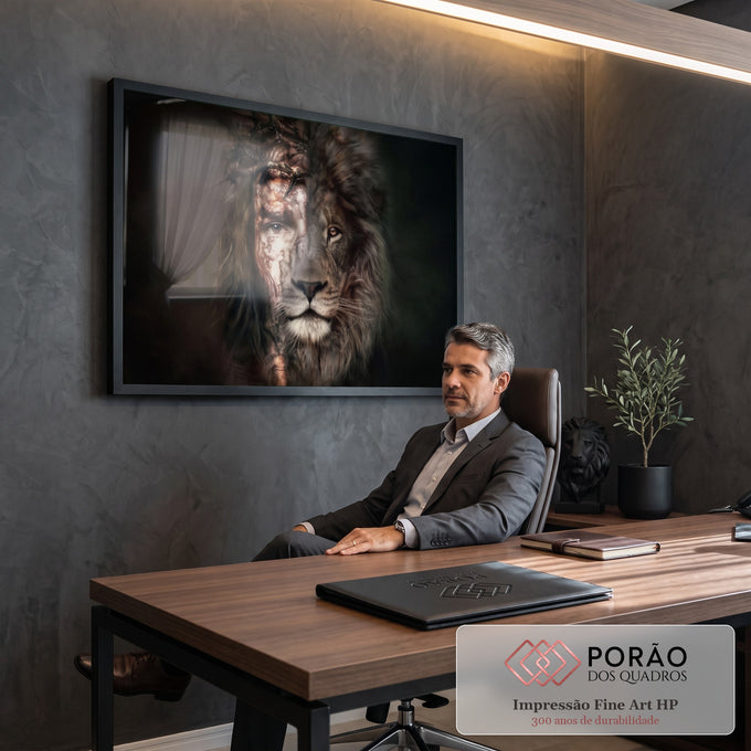 Quadro Decorativo Grande Rosto de Cristo para Sala Preto | quadros decorativos | rosto humano com coroa de espinhos mesclado a face de leão em tons escuros | em ambiente 2 | Porao dos Quadros