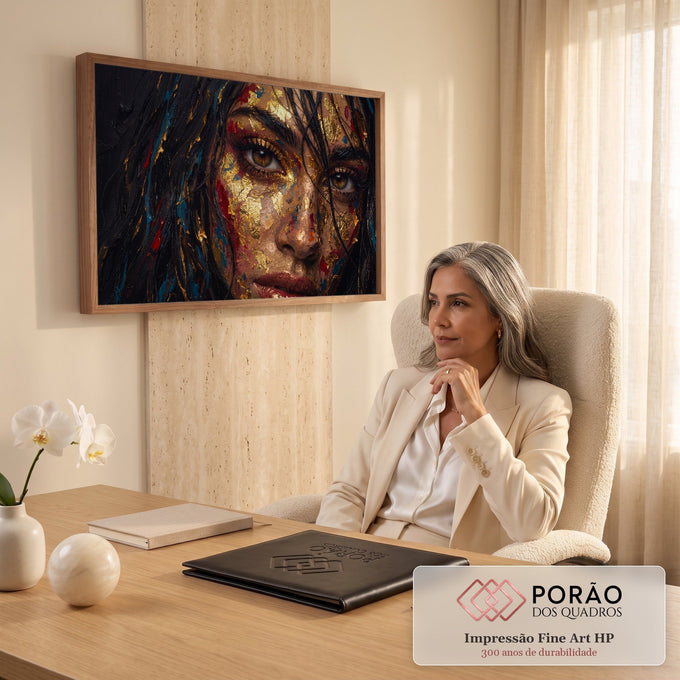 Rosto de mulher com olhos cor de mel, folha de ouro e pinceladas a óleo em fundo escuro, quadro decorativo