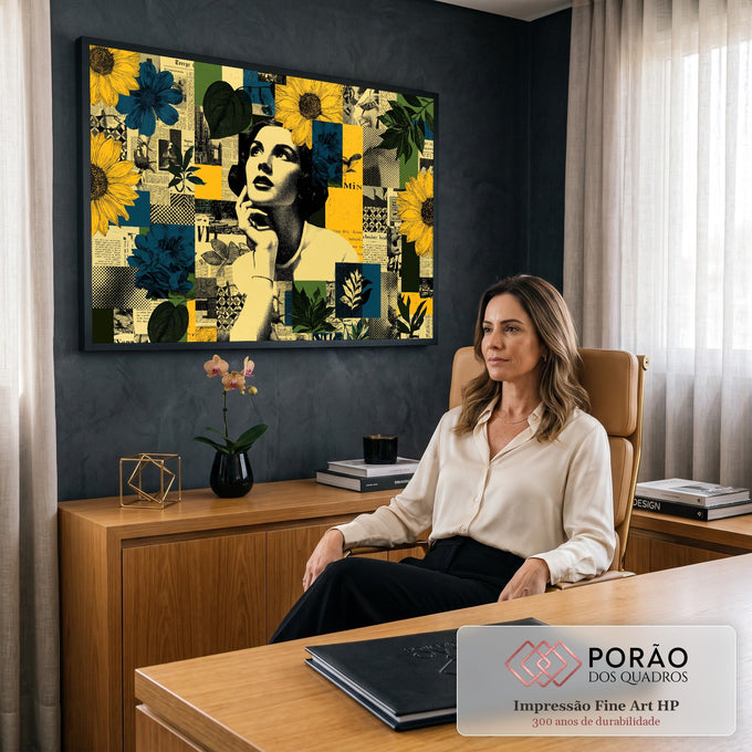 Mulher pensativa em preto e branco em colagem retrô com girassóis, flores azuis e jornal, quadro decorativo