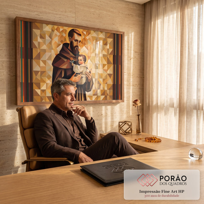 Quadro Decorativo Grande Santo com Criança para Sala Dourado | quadros decorativos | monge com auréola segurando criança sacra em mosaico geométrico dourado e marrom | em ambiente 2 | Porao dos Quadros