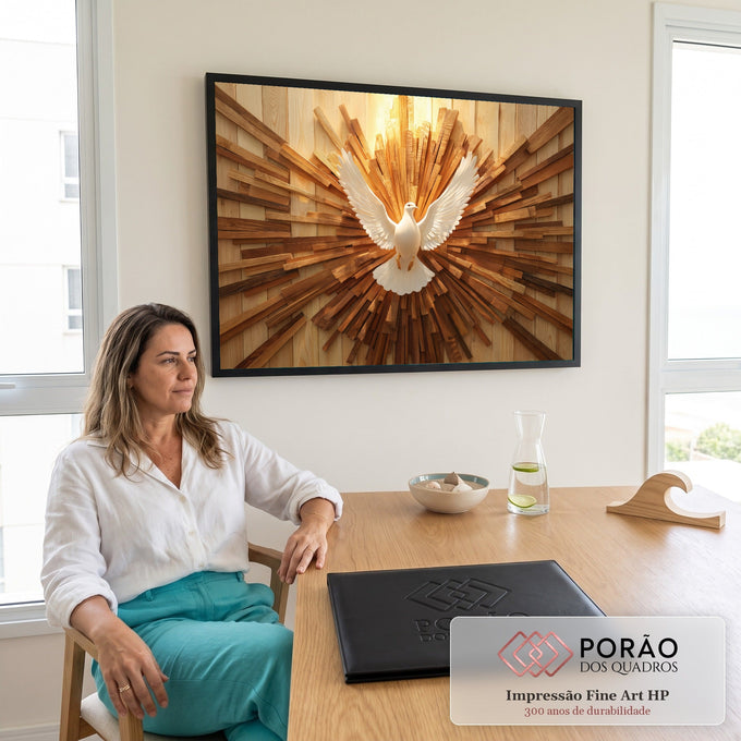 Pomba branca do Espírito Santo de asas abertas sobre raios de madeira e luz dourada, quadro decorativo