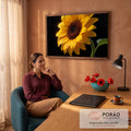 Girassol amarelo em close com gotas de água nas pétalas e folha verde sobre fundo preto, quadro decorativo