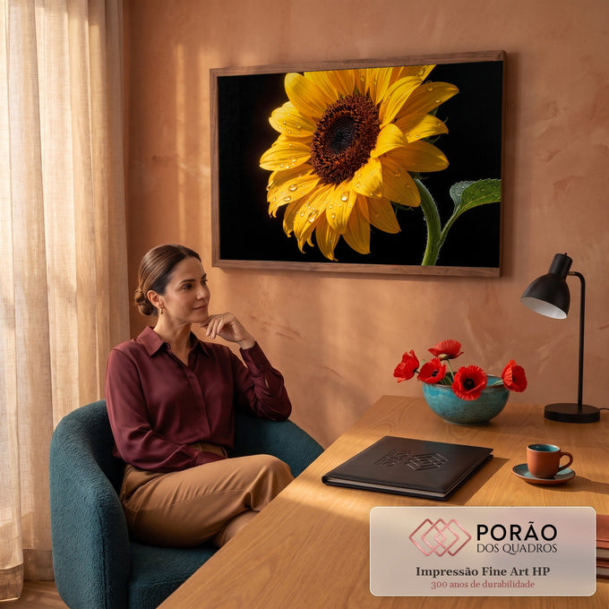 Girassol amarelo em close com gotas de água nas pétalas e folha verde sobre fundo preto, quadro decorativo