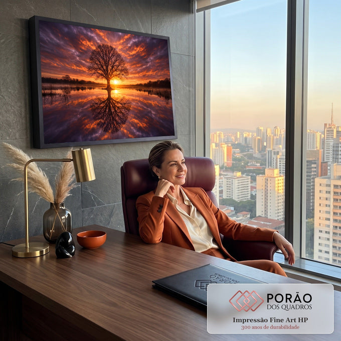 Árvore solitária em silhueta refletida no lago ao pôr do sol, céu laranja e roxo, quadro decorativo