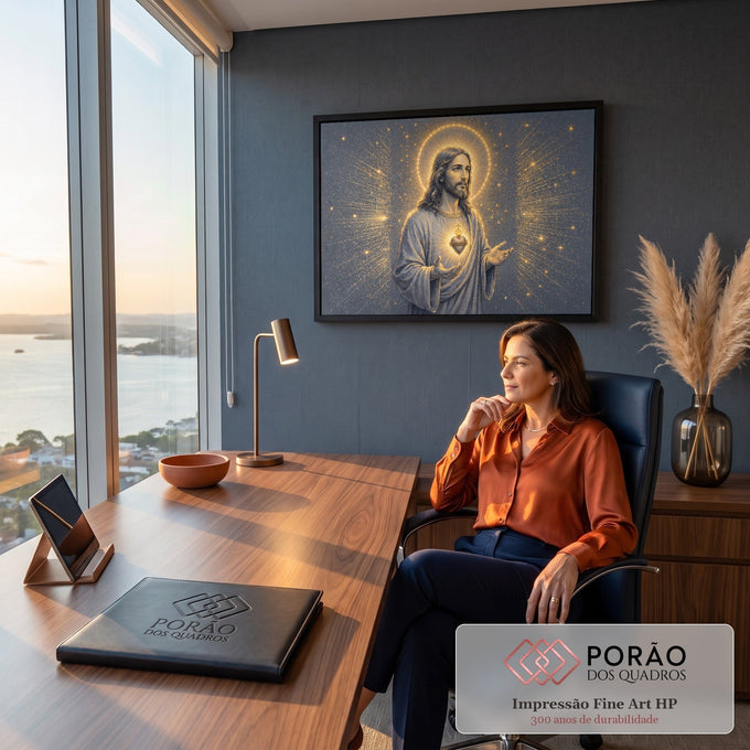 Jesus de mãos abertas com o Sagrado Coração dourado, auréola e estrelas em fundo cinza, quadro decorativo