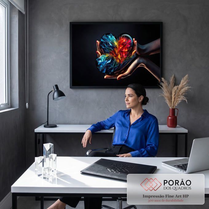 Quadro Decorativo Grande Coração Abstrato para Sala Azul | quadros decorativos | coração preto brilhante com tinta fluida azul e vermelha segurado por mãos femininas | em ambiente 2 | Porao dos Quadros
