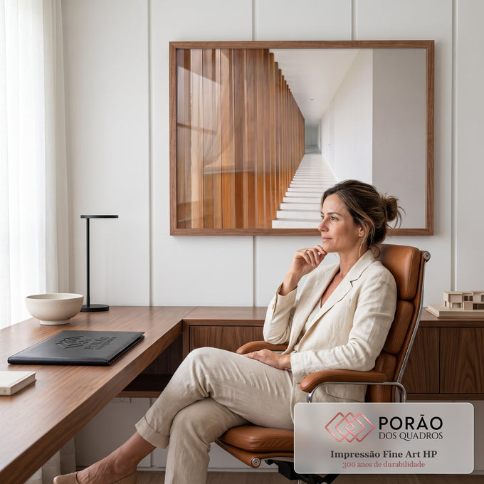 Quadro Decorativo Grande Corredor para Sala Marrom | quadros decorativos | corredor com ripas de madeira marrom e piso claro com faixas de luz | em ambiente 2 | Porao dos Quadros
