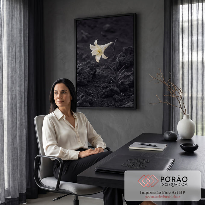 Lírio branco solitário iluminado sobre solo de pedras vulcânicas escuras, quadro decorativo