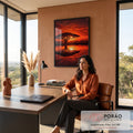 Quadro Decorativo Grande Árvore Acácia para Sala Vermelho | quadros decorativos | acácia em silhueta refletida na água sob céu vermelho de pôr do sol africano | em ambiente 2 | Porao dos Quadros