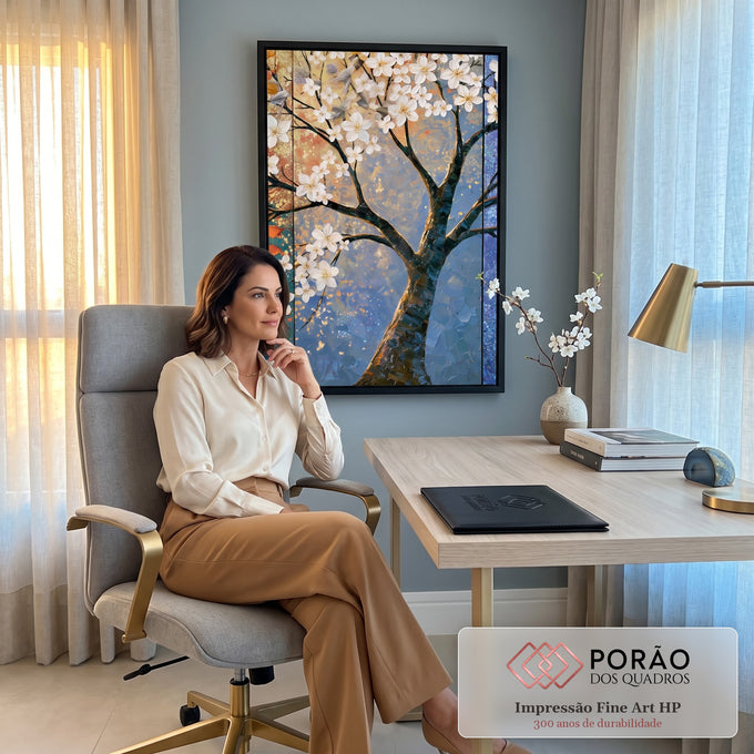 Quadro Decorativo Árvore de Flores Brancas com Fundo | quadros decorativos | árvore com flores brancas e tronco em relevo sobre fundo dourado e azul | em Quadros para Quarto | Porao dos Quadros