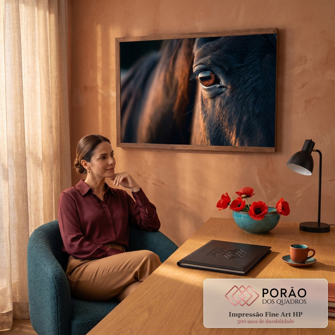Close do olho âmbar de cavalo escuro com crina iluminada pela luz do fim de tarde, quadro decorativo