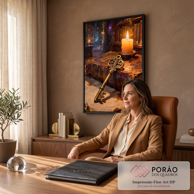 Quadro Decorativo Grande Chave Dourada para Escritório | quadros decorativos | chave dourada ornamentada sobre livro antigo de couro com vela acesa | em ambiente 2 | Porao dos Quadros