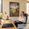 Quadro Decorativo Grande Jesus com Crianças para Sala Azul | quadros decorativos | homem de túnica branca aponta para céu estrelado dourado ao lado de duas crianças num campo florido | em ambiente 2 | Porao dos Quadros