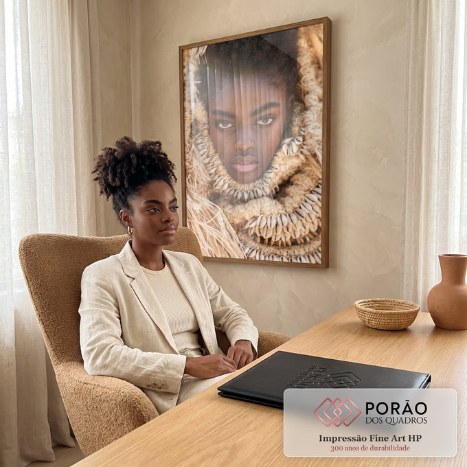 Quadro Decorativo Retrato Feminino com Colar de Conchas | quadros decorativos | retrato de mulher negra envolta em ráfia bege com colar de conchas búzio | em Quadros para Escritorio | Porao dos Quadros