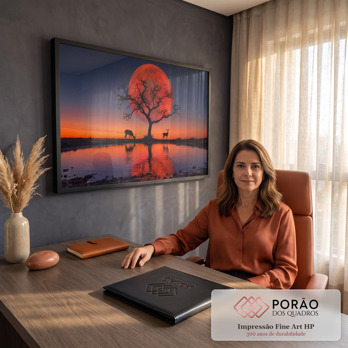 Quadro Decorativo Grande Lua Vermelha Antílopes para Sala | quadros decorativos | lua vermelha gigante atrás de árvore seca com antílopes refletidos no lago | em ambiente 2 | Porao dos Quadros